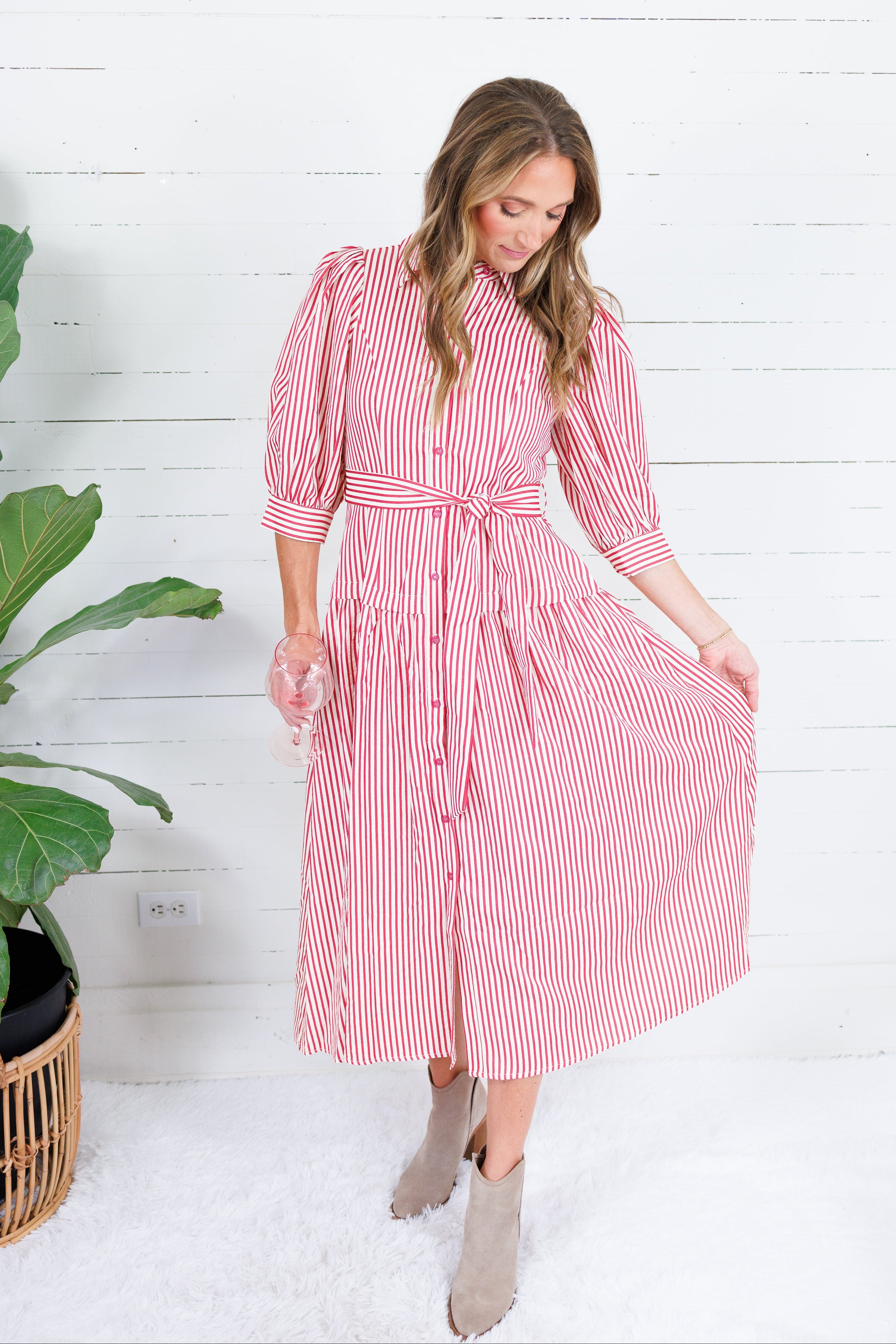 Neville Red Striped Maxi Shirt Dress Entro