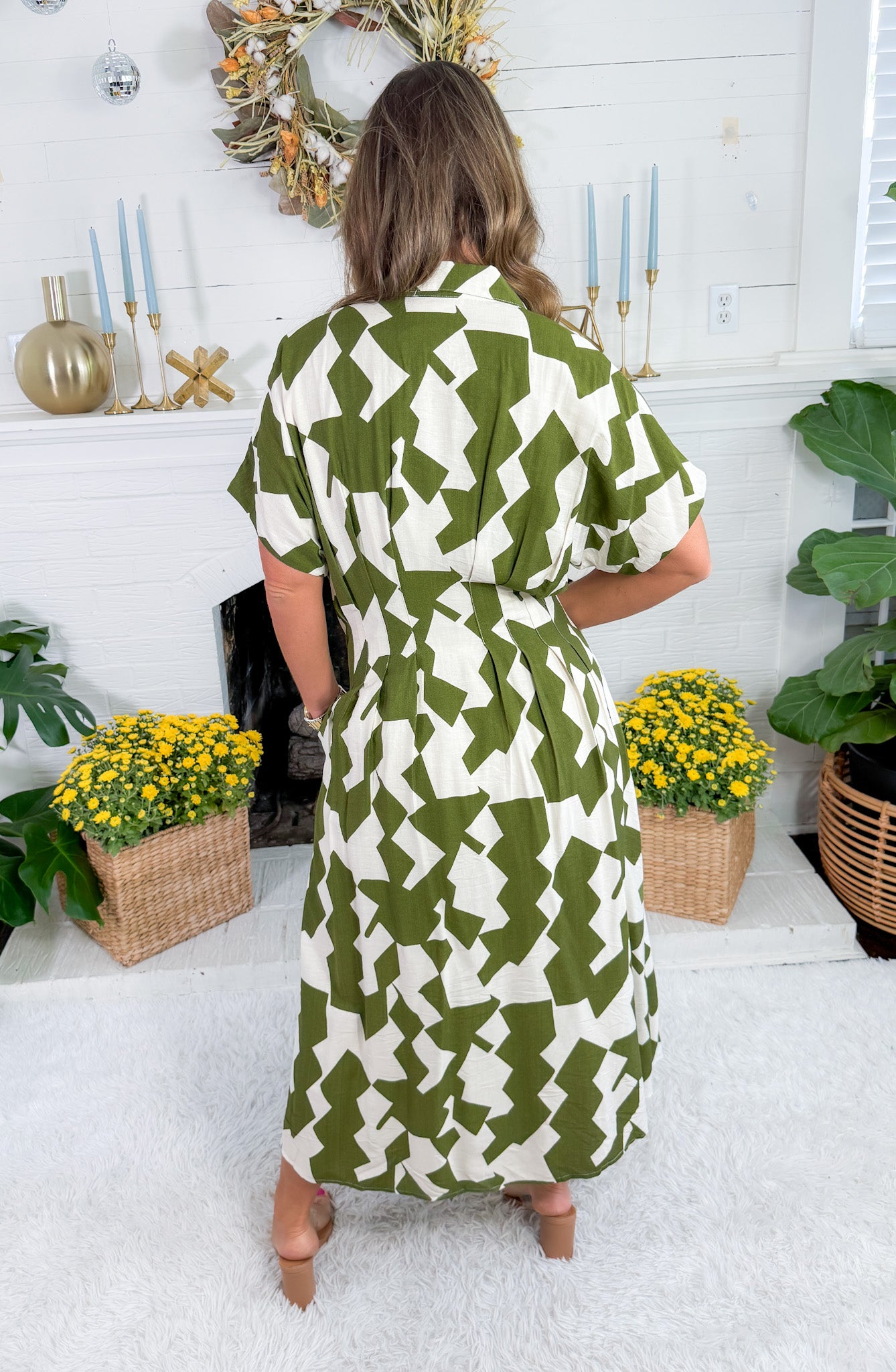 Nita Olive Geometric Waisted Maxi Dress THML