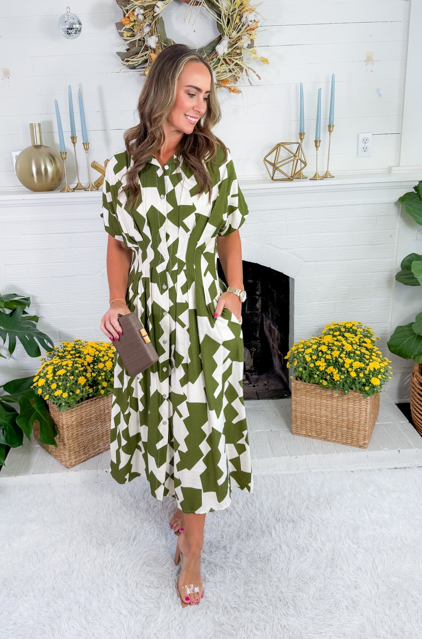Nita Olive Geometric Waisted Maxi Dress THML