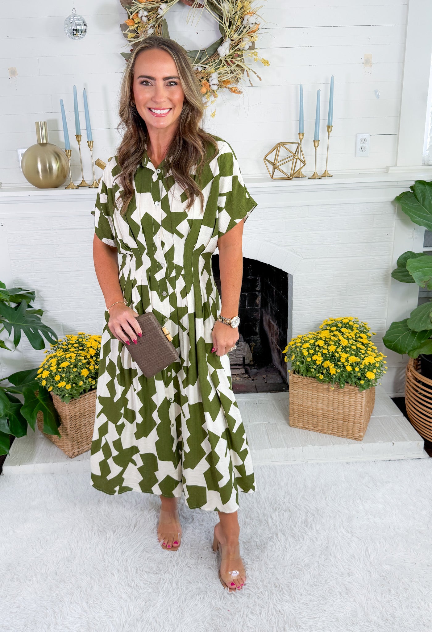 Nita Olive Geometric Waisted Maxi Dress THML