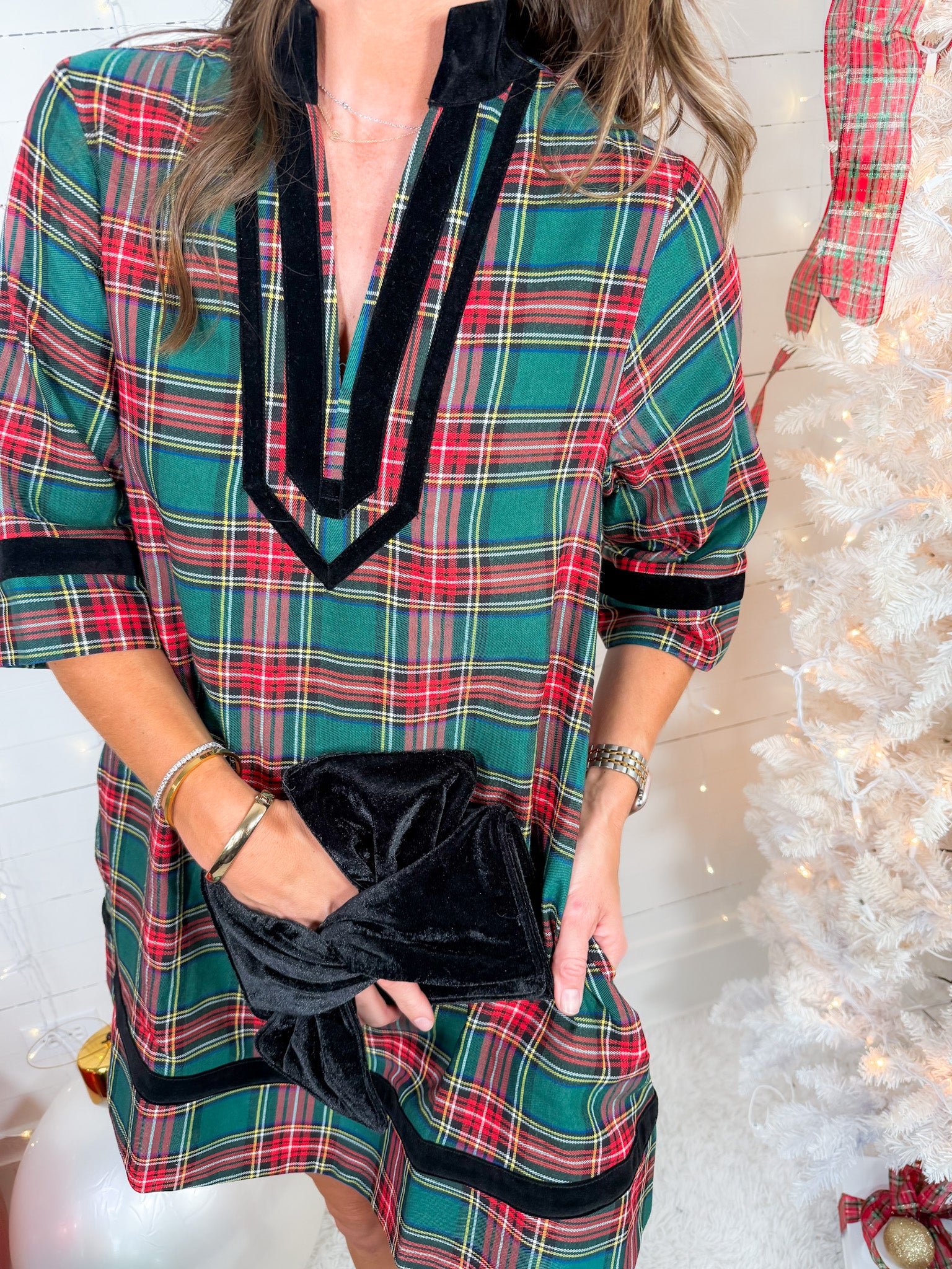 Nottingham Emerald Plaid + Black Velvet Mini Dress Entro