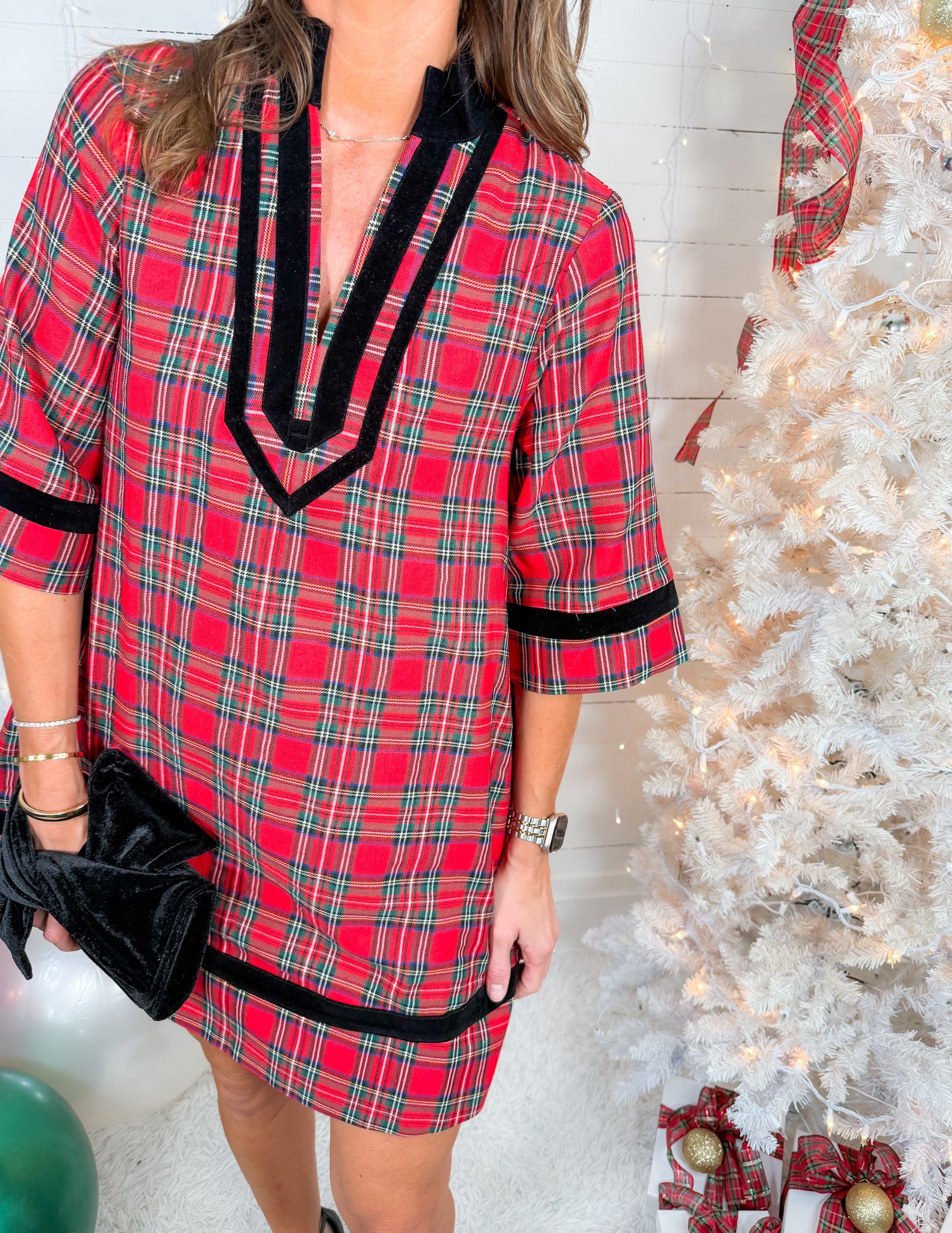 Nottingham Red Plaid + Black Velvet Mini Dress Entro