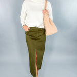 Olive Green Twill Midi Skirt 