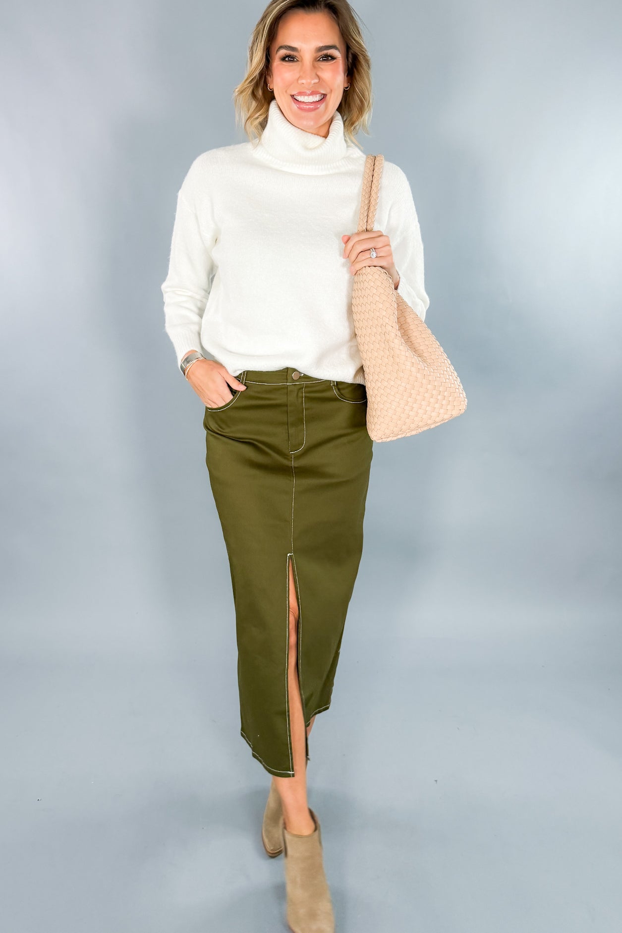 Olive Green Twill Midi Skirt 