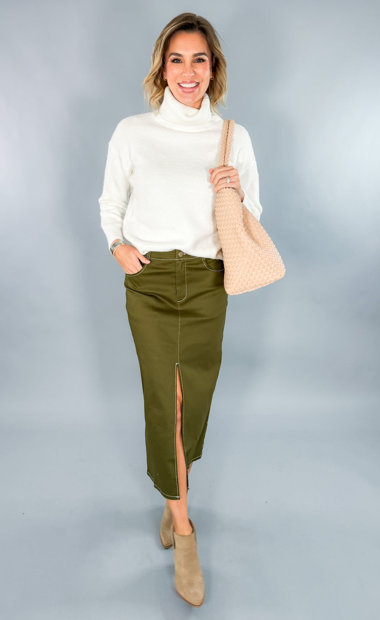 Olive Green Twill Midi Skirt 