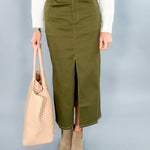 Olive Green Twill Midi Skirt 