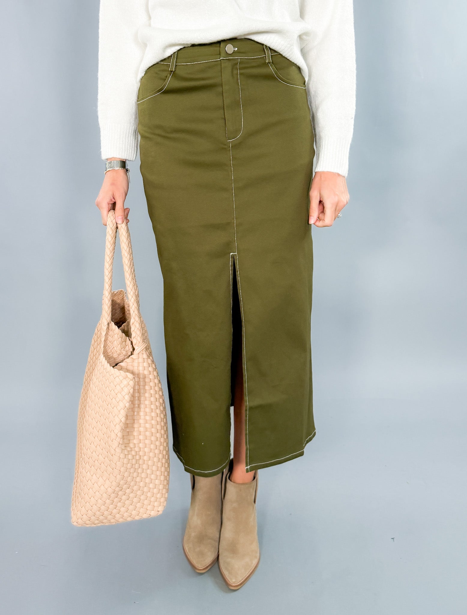 Olive Green Twill Midi Skirt 