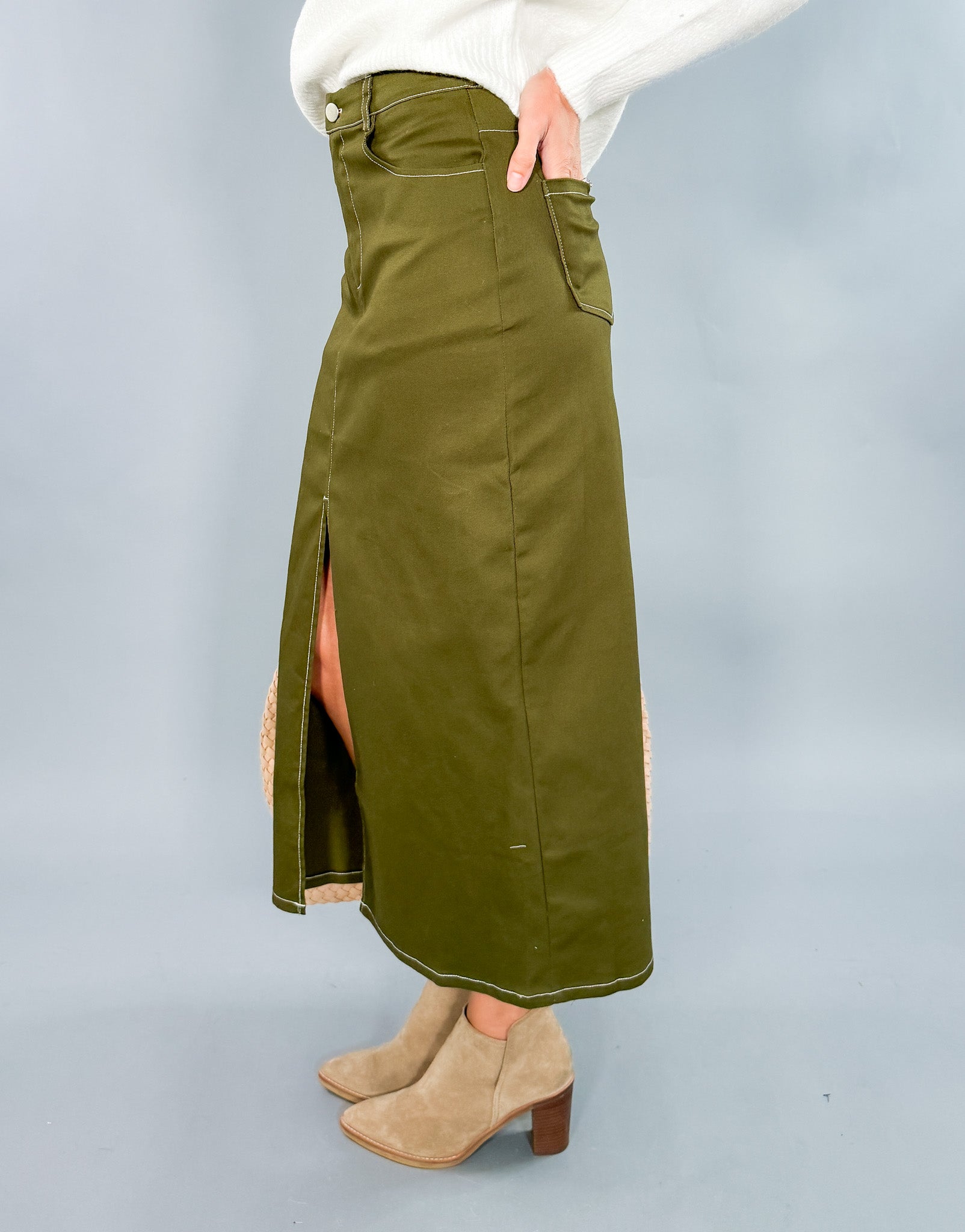 Olive Green Twill Midi Skirt 