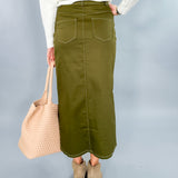 Olive Green Twill Midi Skirt 