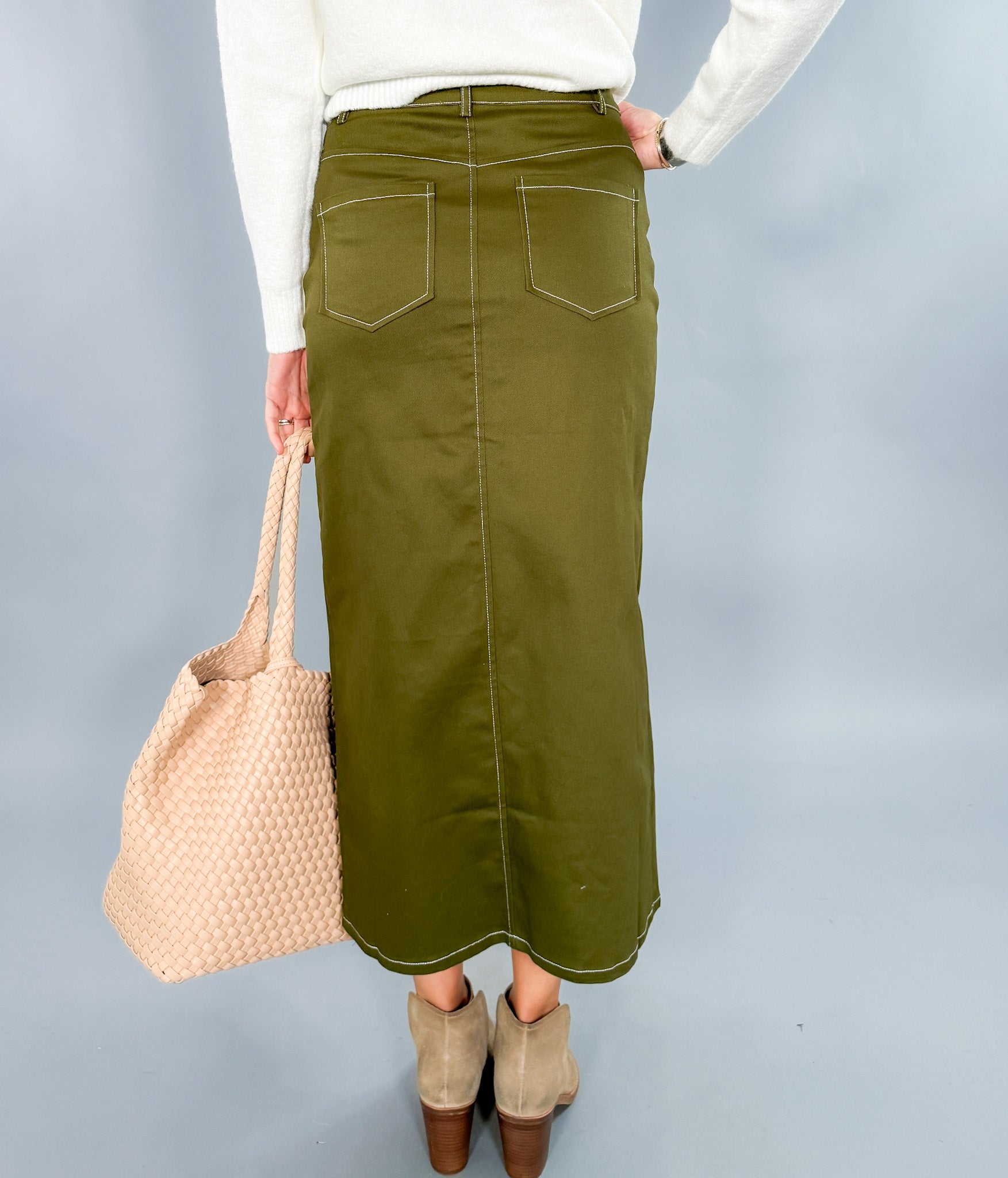 Olive Green Twill Midi Skirt 