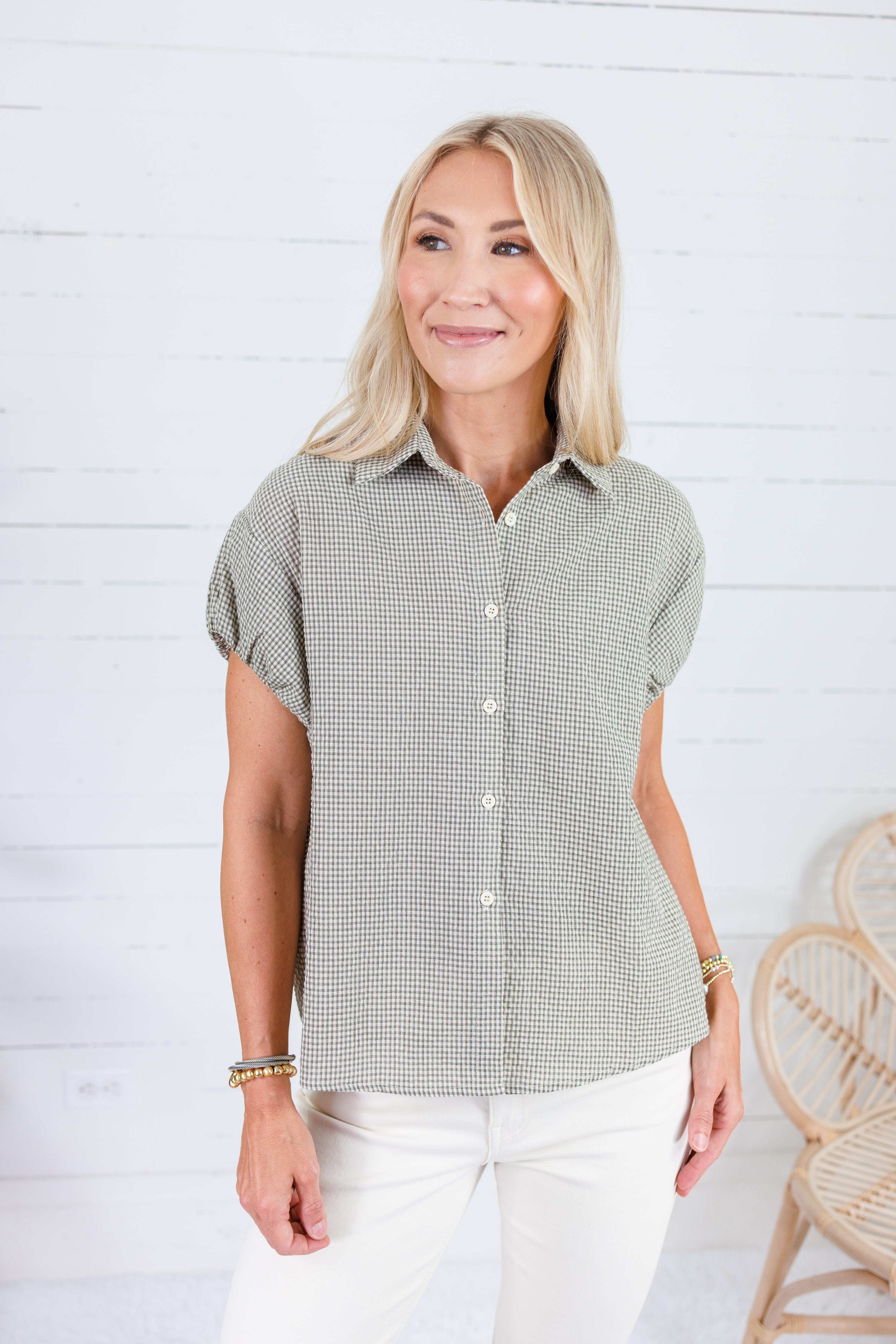 Olly Olive + Ecru Micro Plaid Top