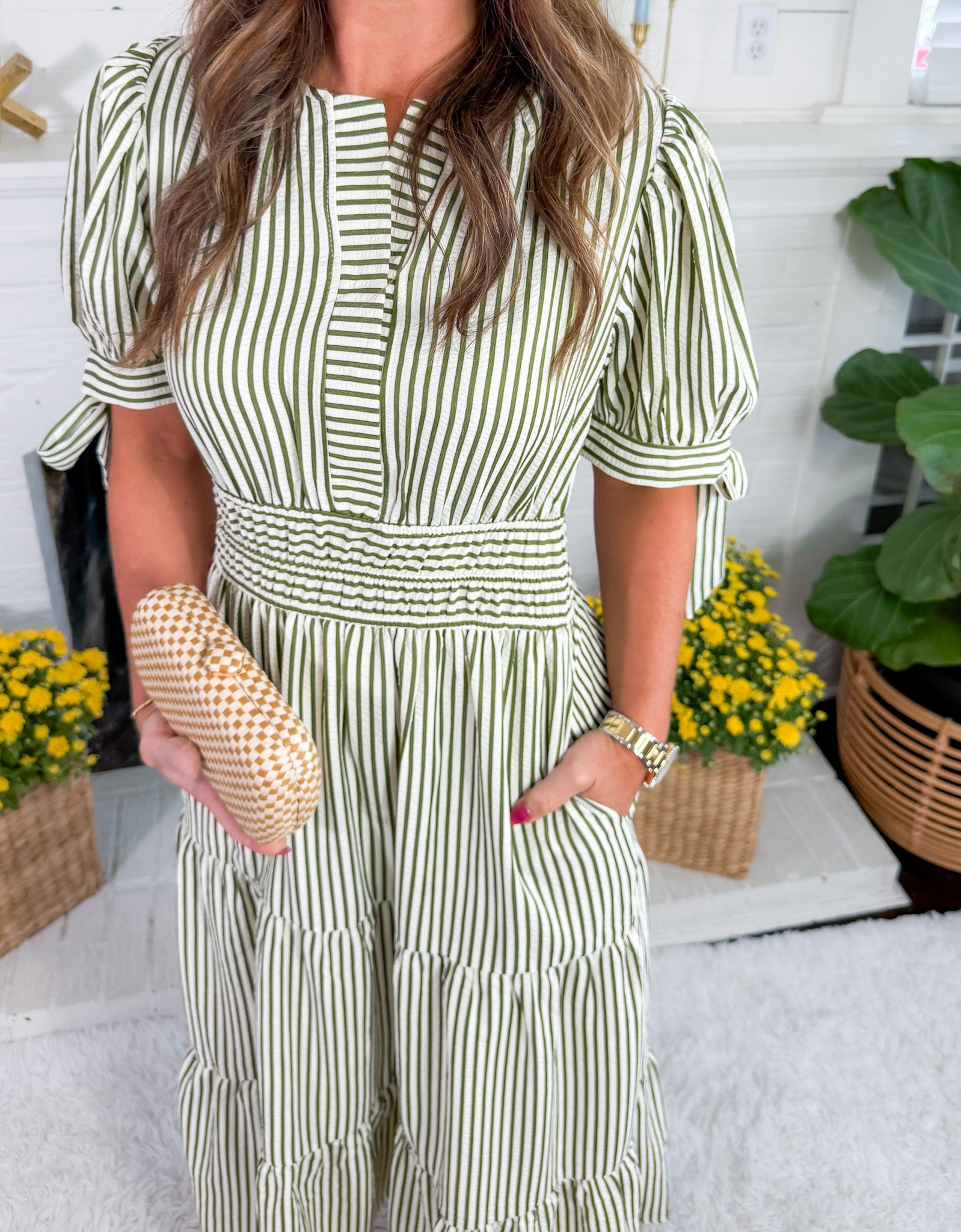 Olympia Olive Striped Midi Dress