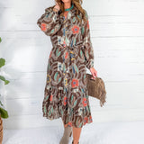 Opal Brown Stylized Floral Midi Dress THML