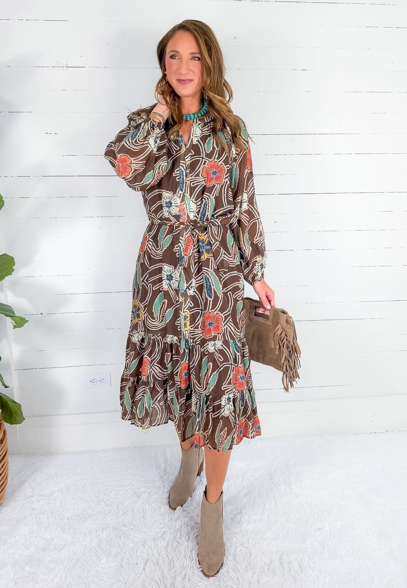 Opal Brown Stylized Floral Midi Dress THML