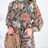Opal Brown Stylized Floral Midi Dress THML