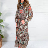 Opal Brown Stylized Floral Midi Dress THML