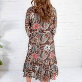 Opal Brown Stylized Floral Midi Dress THML