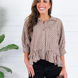 Oshkin Brown Gingham Flounce Hem Top Entro