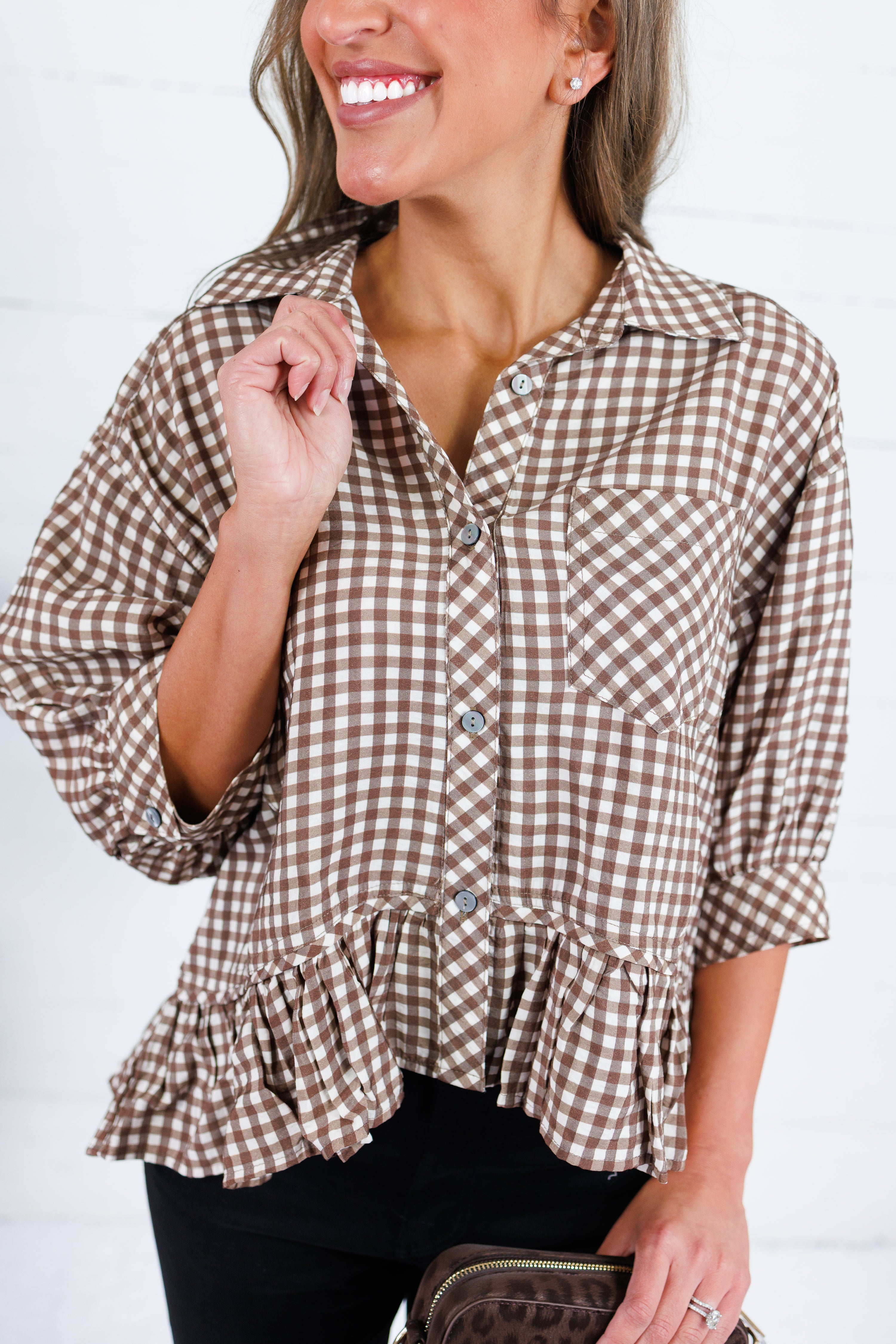 Oshkin Brown Gingham Flounce Hem Top Entro