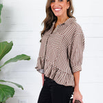 Oshkin Brown Gingham Flounce Hem Top Entro