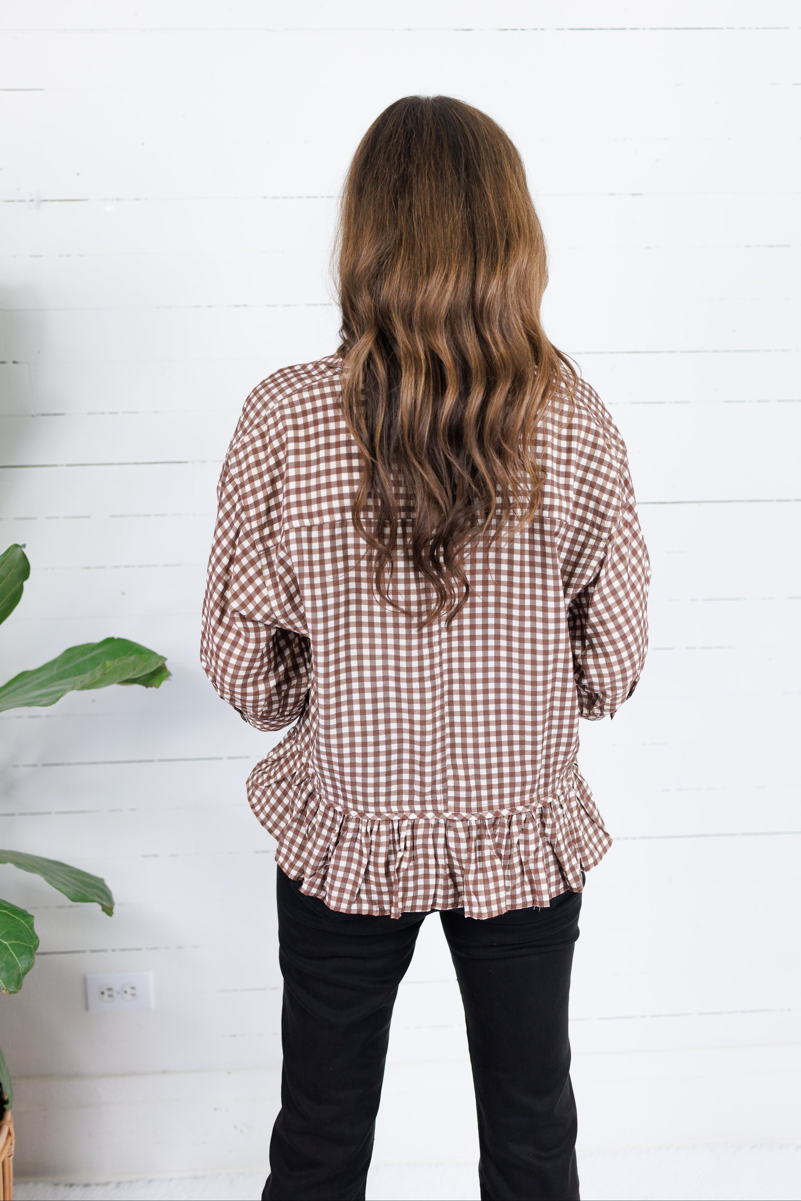 Oshkin Brown Gingham Flounce Hem Top Entro