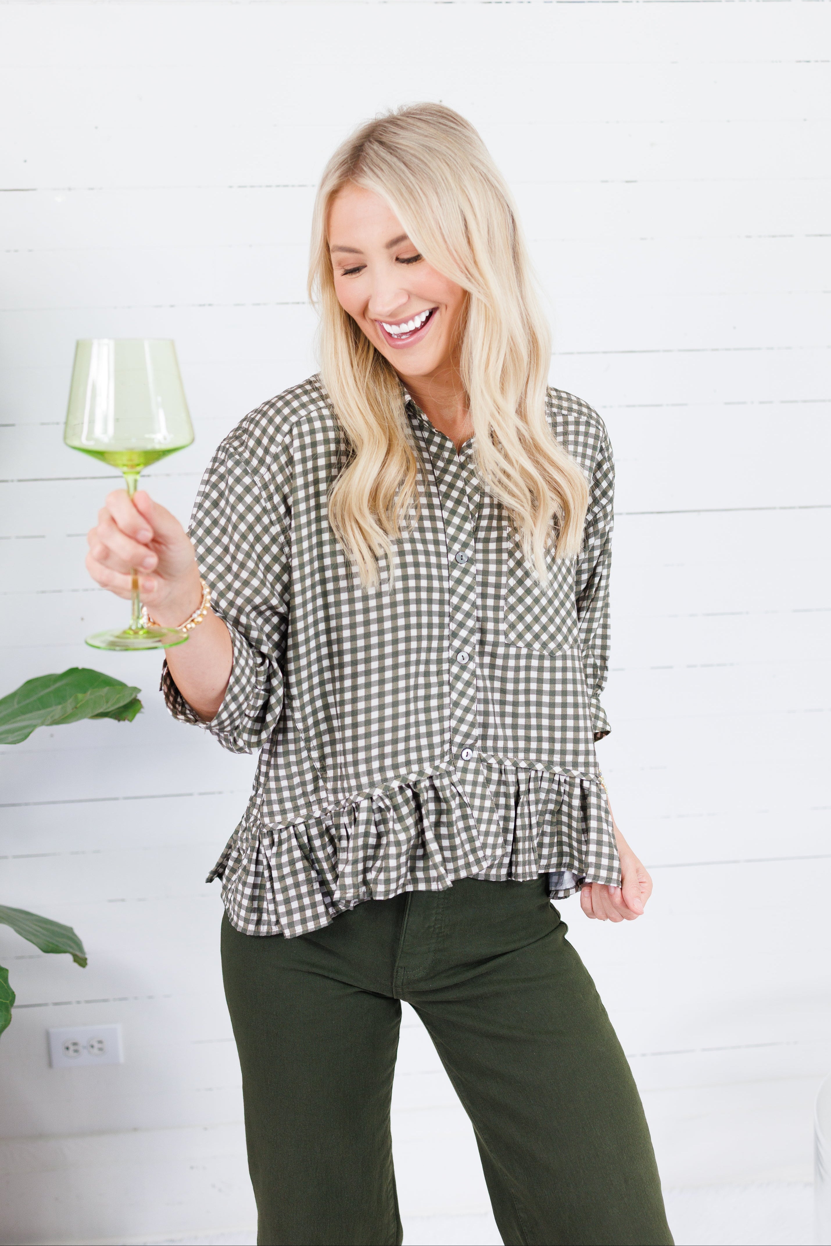 Oshkin Olive Gingham Flounce Hem Top Entro