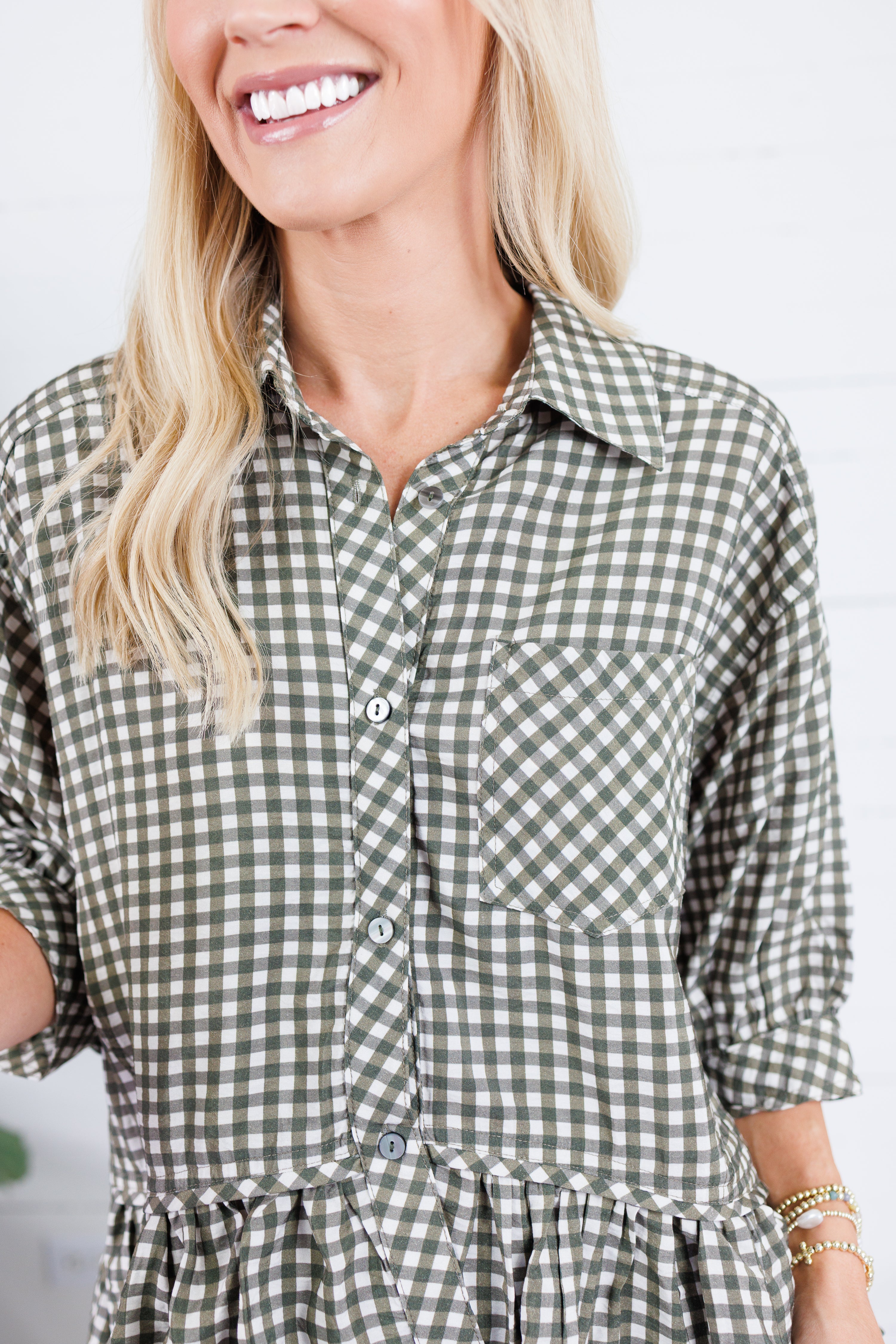 Oshkin Olive Gingham Flounce Hem Top Entro