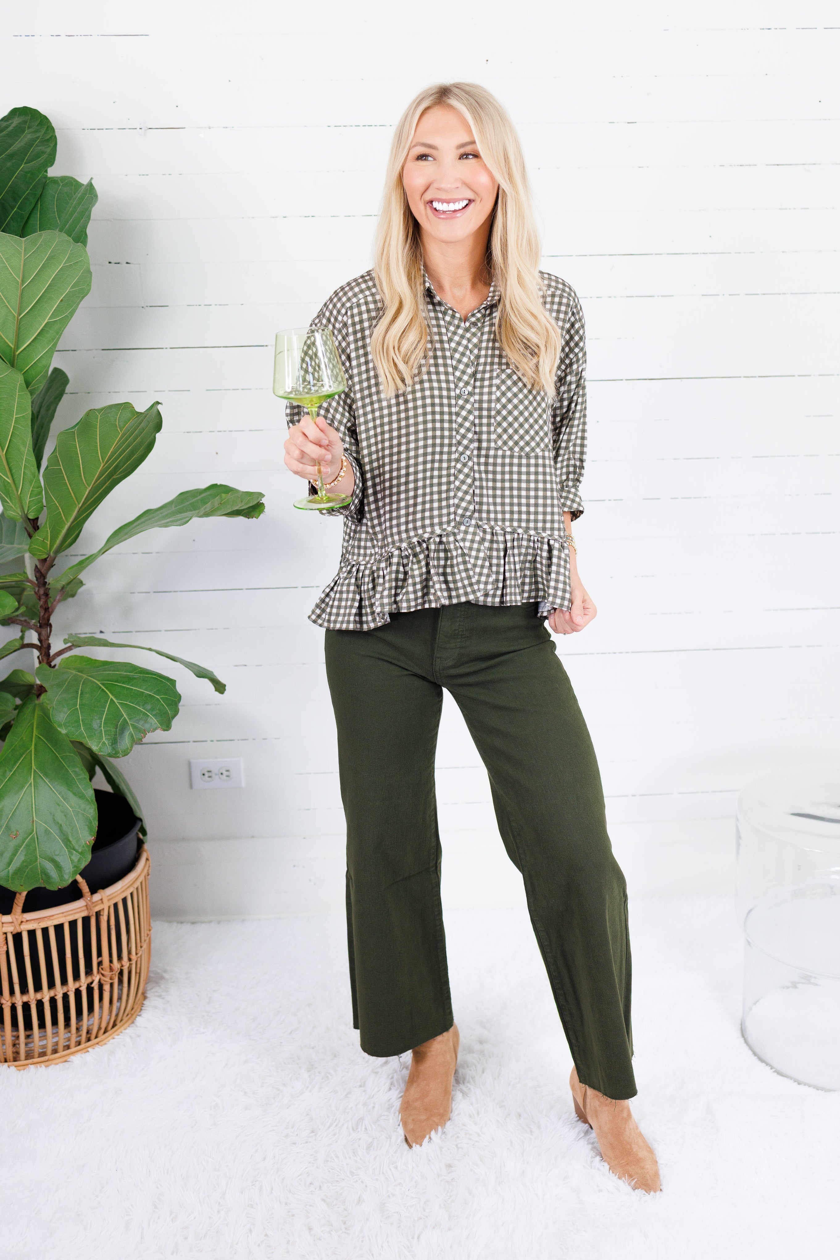 Oshkin Olive Gingham Flounce Hem Top Entro