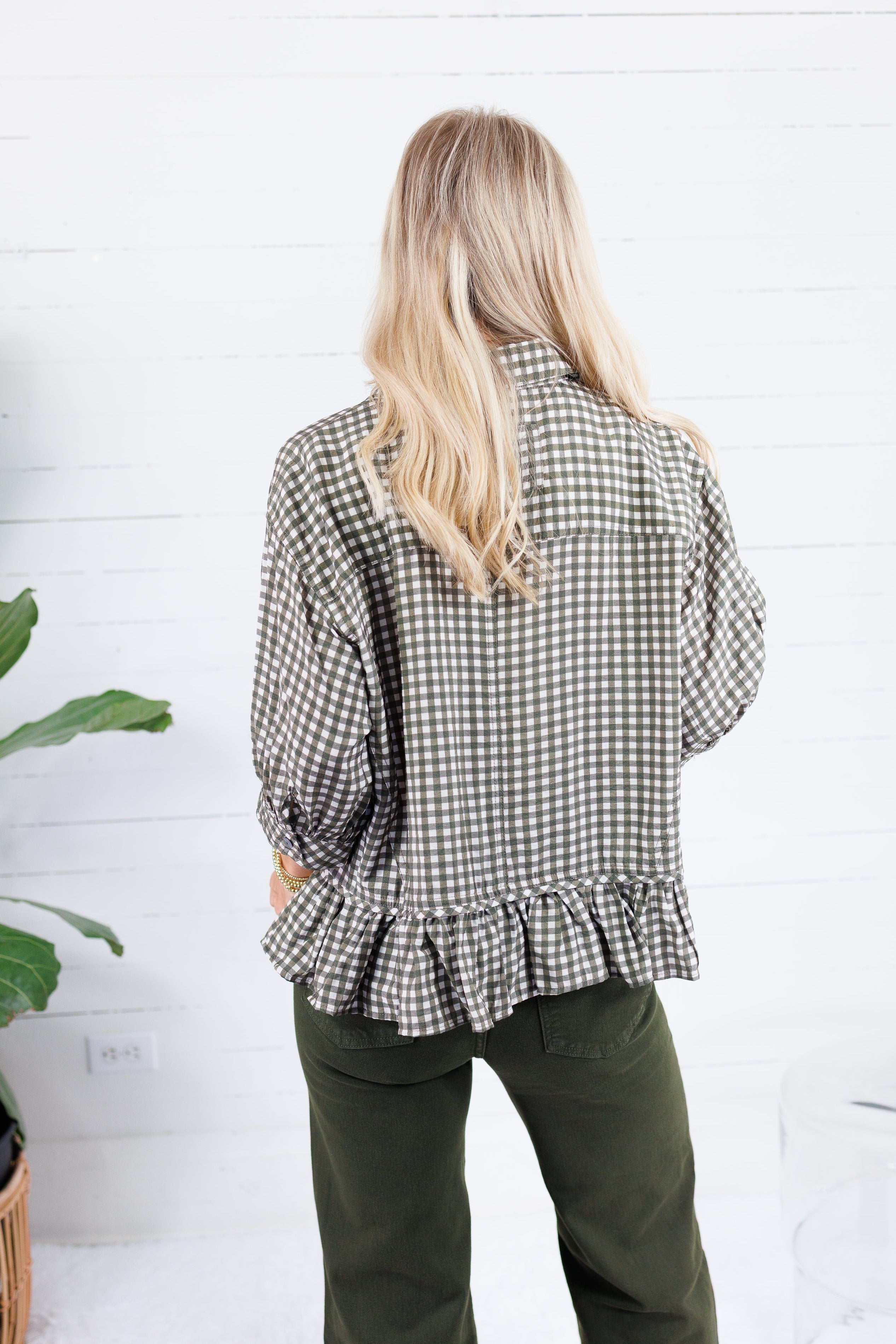 Oshkin Olive Gingham Flounce Hem Top Entro
