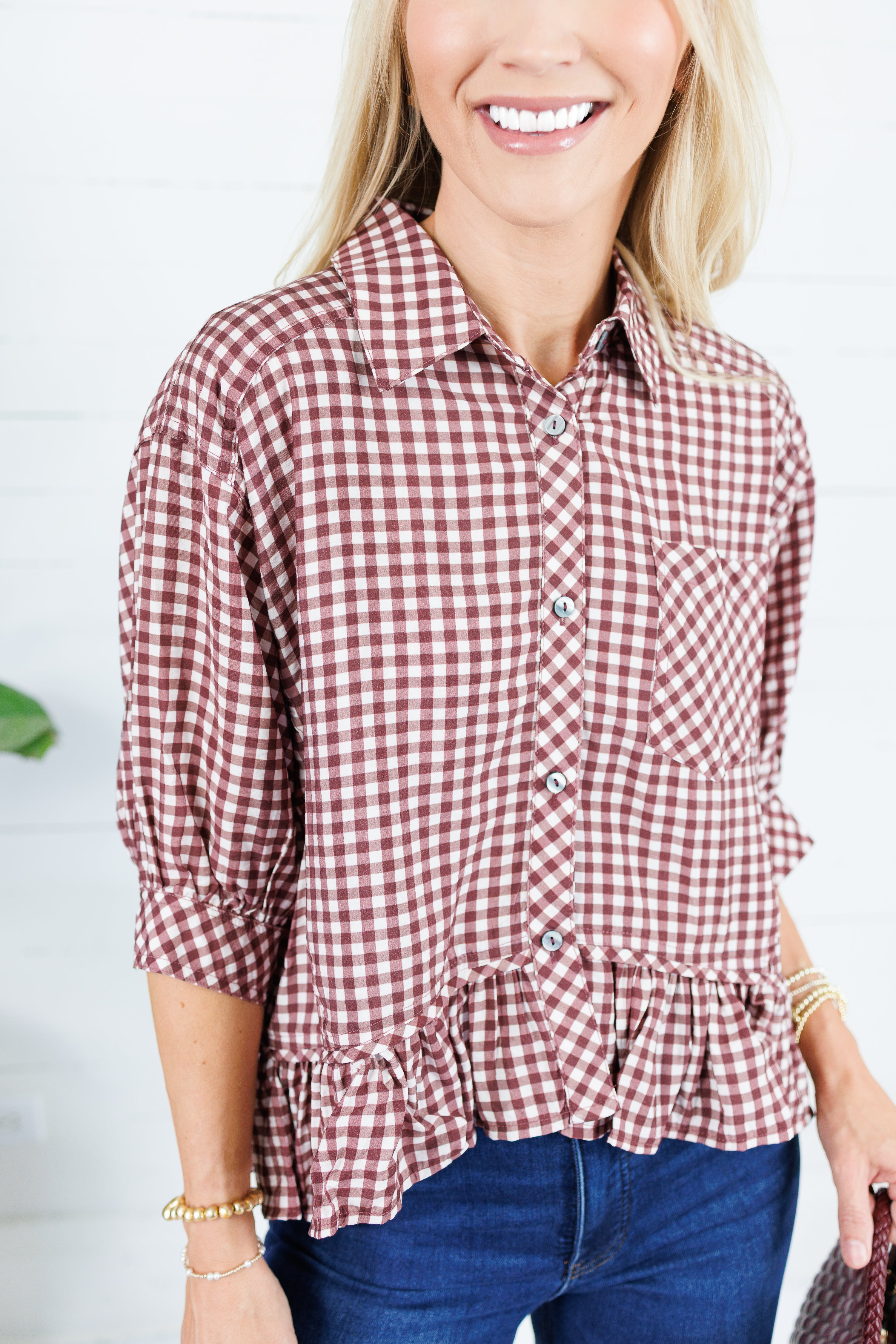 Oshkin Red Beans Gingham Flounce Hem Top Entro