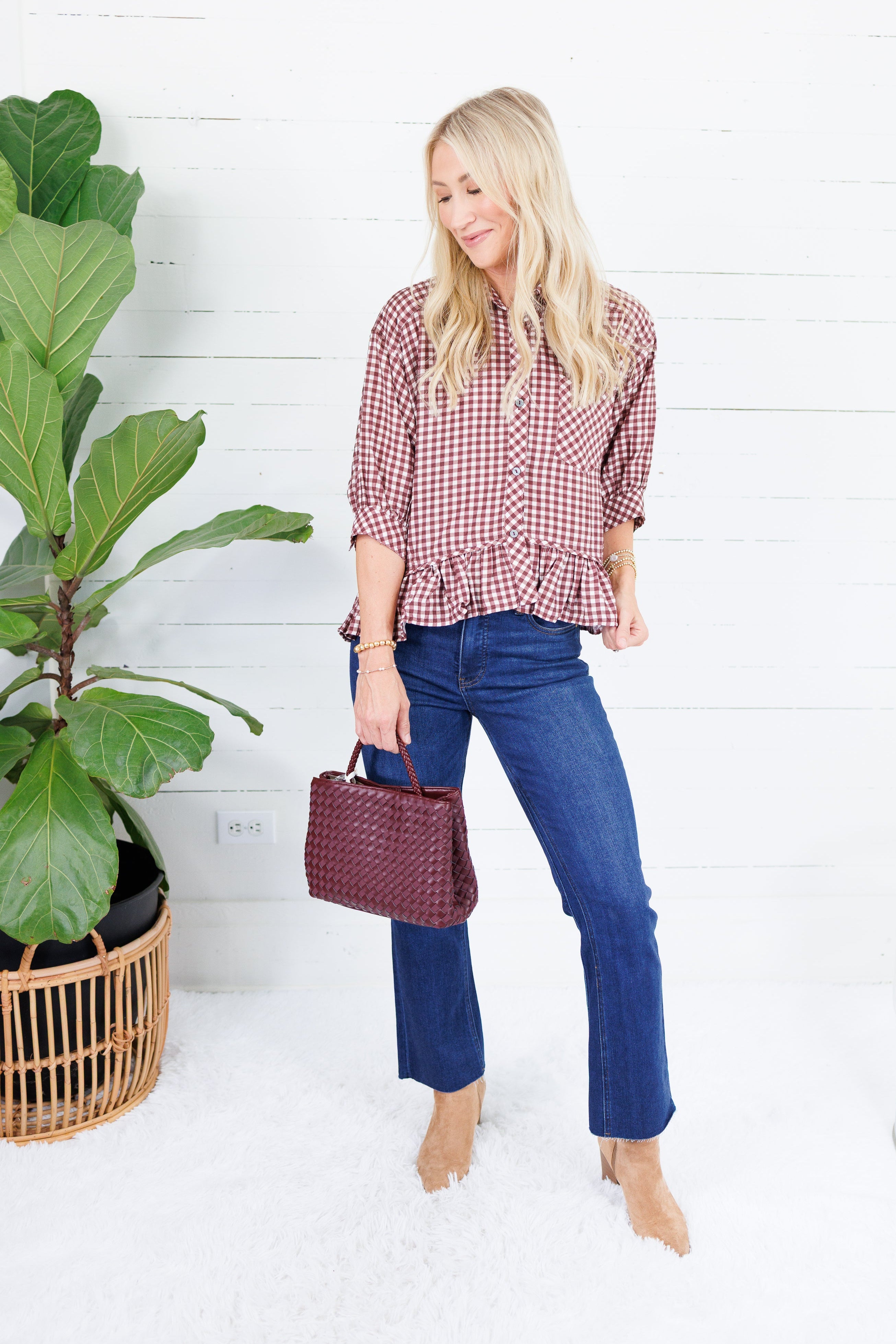 Oshkin Red Beans Gingham Flounce Hem Top Entro
