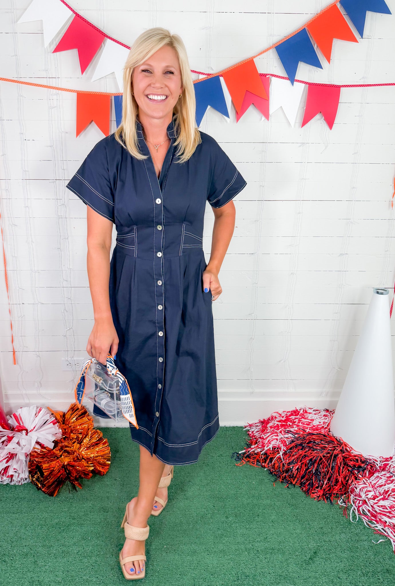 Paige Navy Topstitch Midi Dress THML