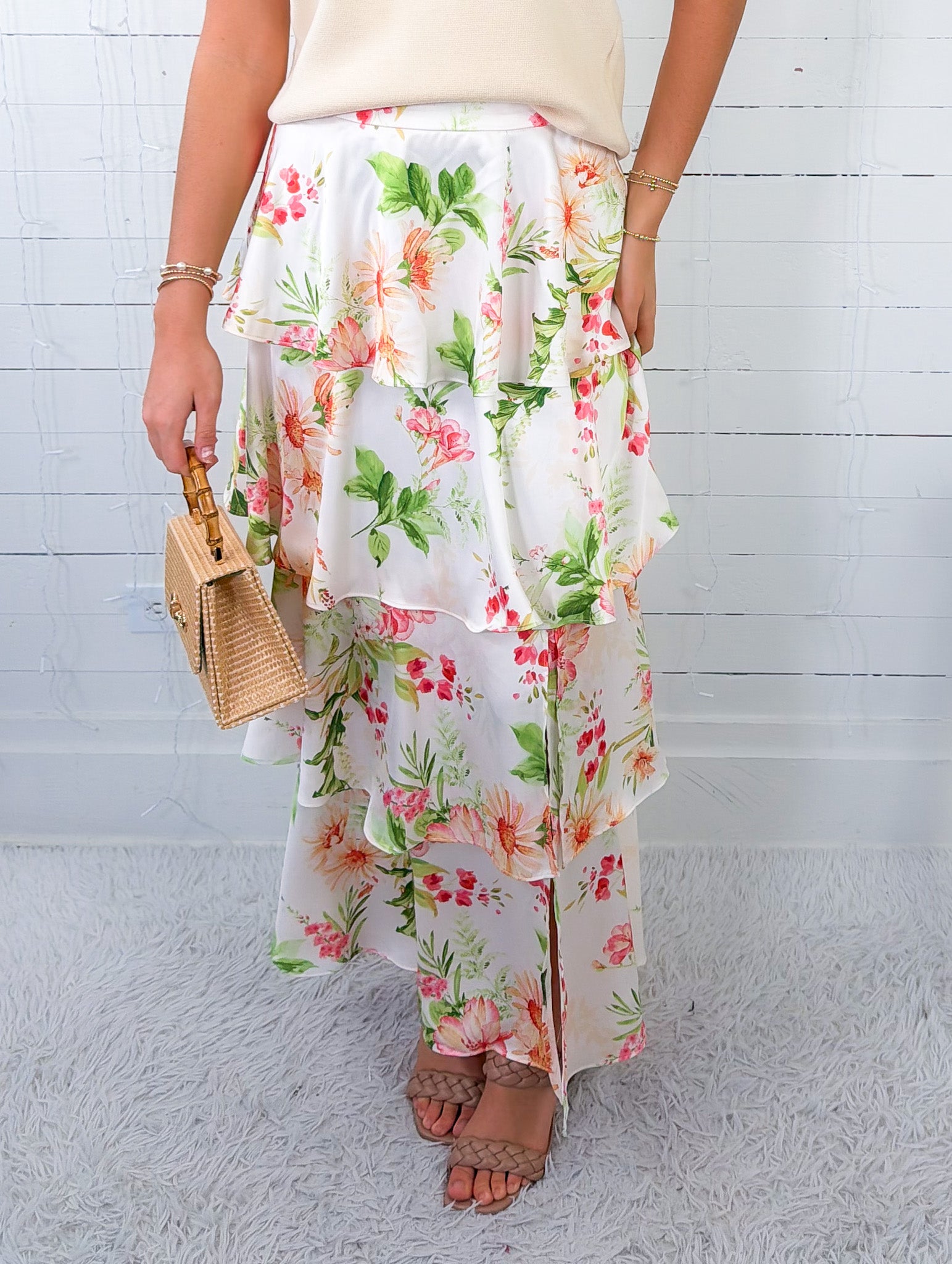 Patricia Ivory Floral Print Tiered Maxi Skirt