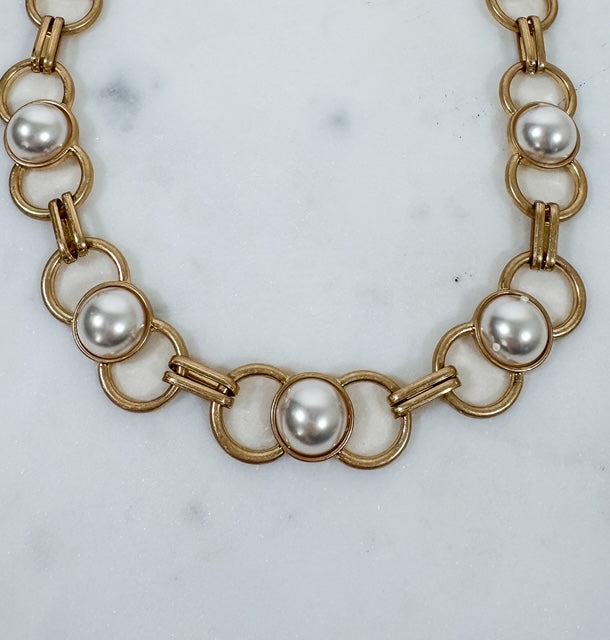 Pearl Bead Circle Link Gold Necklace 