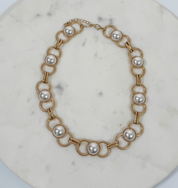 Pearl Bead Circle Link Gold Necklace 