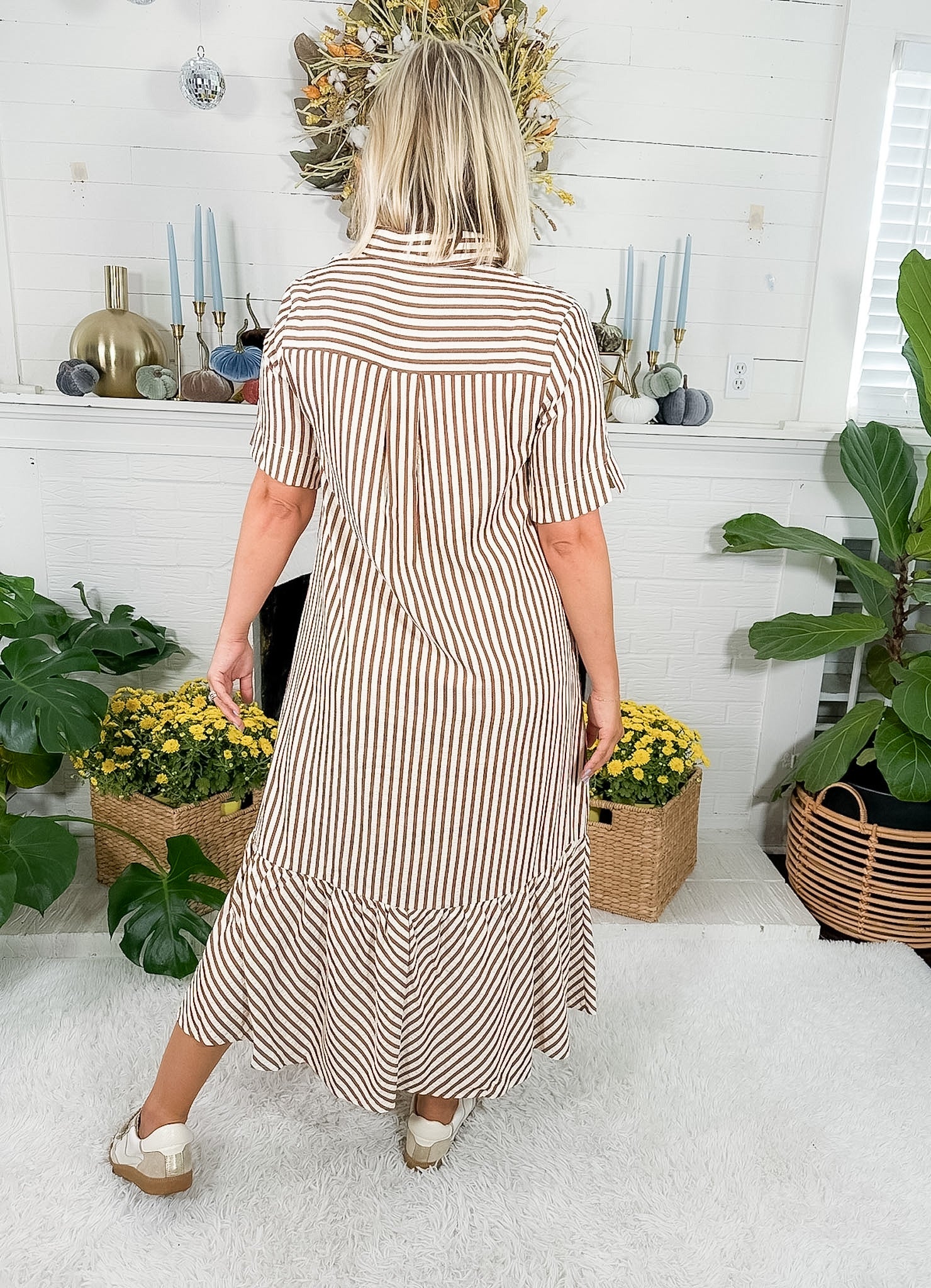 Perkins Brown Stripe Bias Flounce Maxi Dress Entro