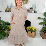 Perkins Brown Stripe Bias Flounce Maxi Dress Entro