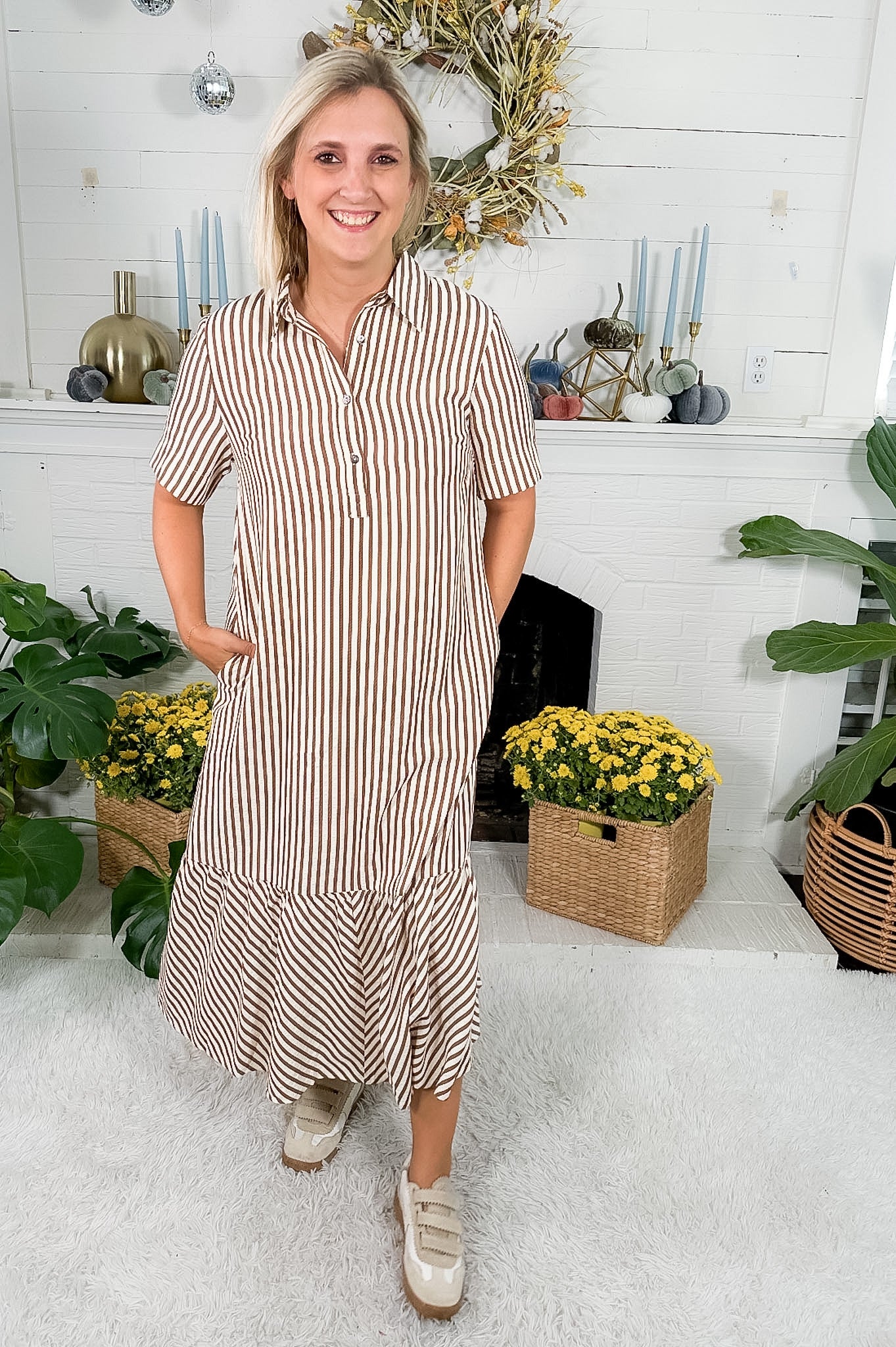 Perkins Brown Stripe Bias Flounce Maxi Dress Entro