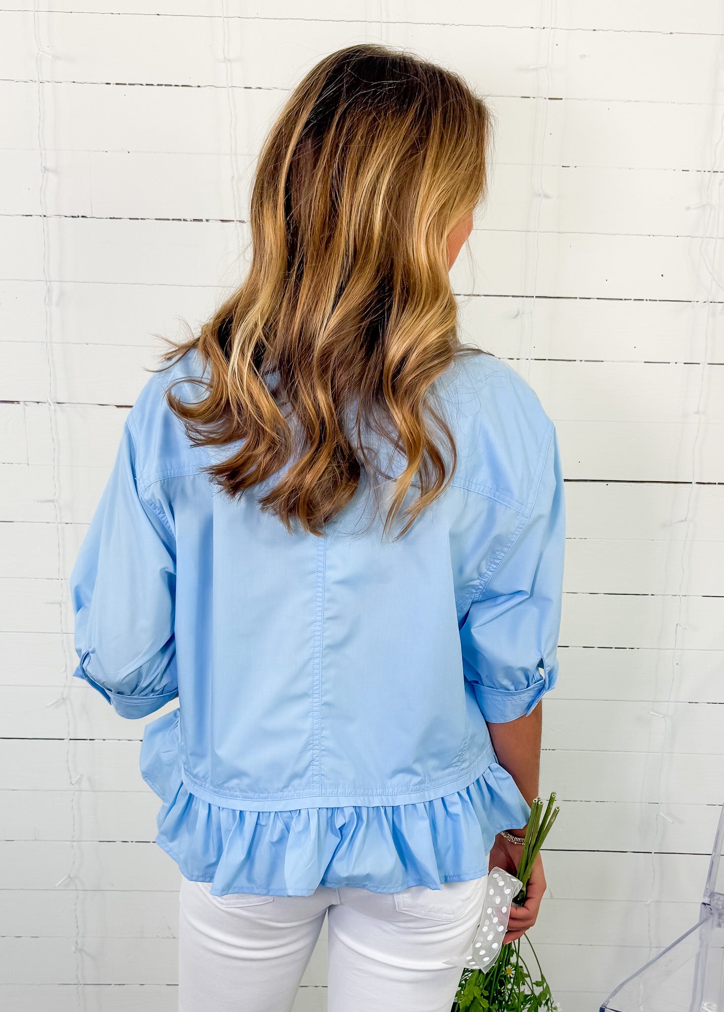 Perkins Chambray Blue Flounce Top Entro