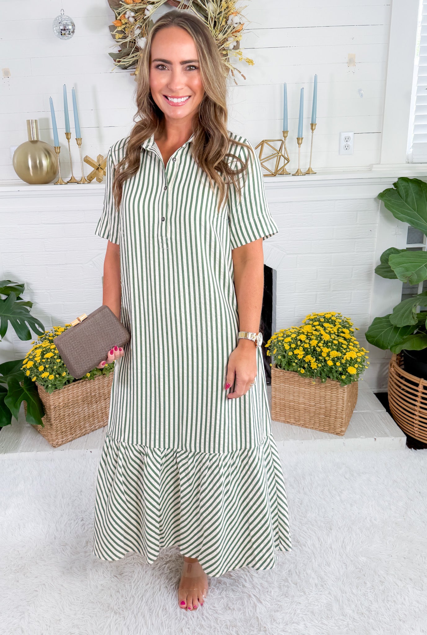 Perkins Pine Stripe Bias Flounce Maxi Dress Entro