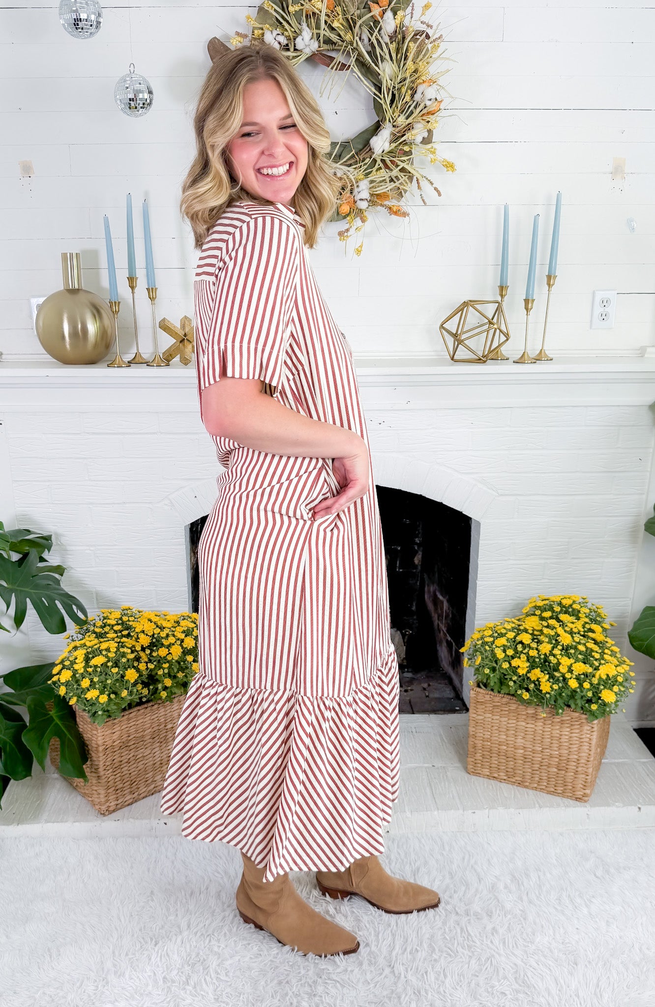 Perkins Rust Stripe Bias Flounce Maxi Dress Entro