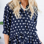 Perkins Navy Polka Dot Flounce Top Entro