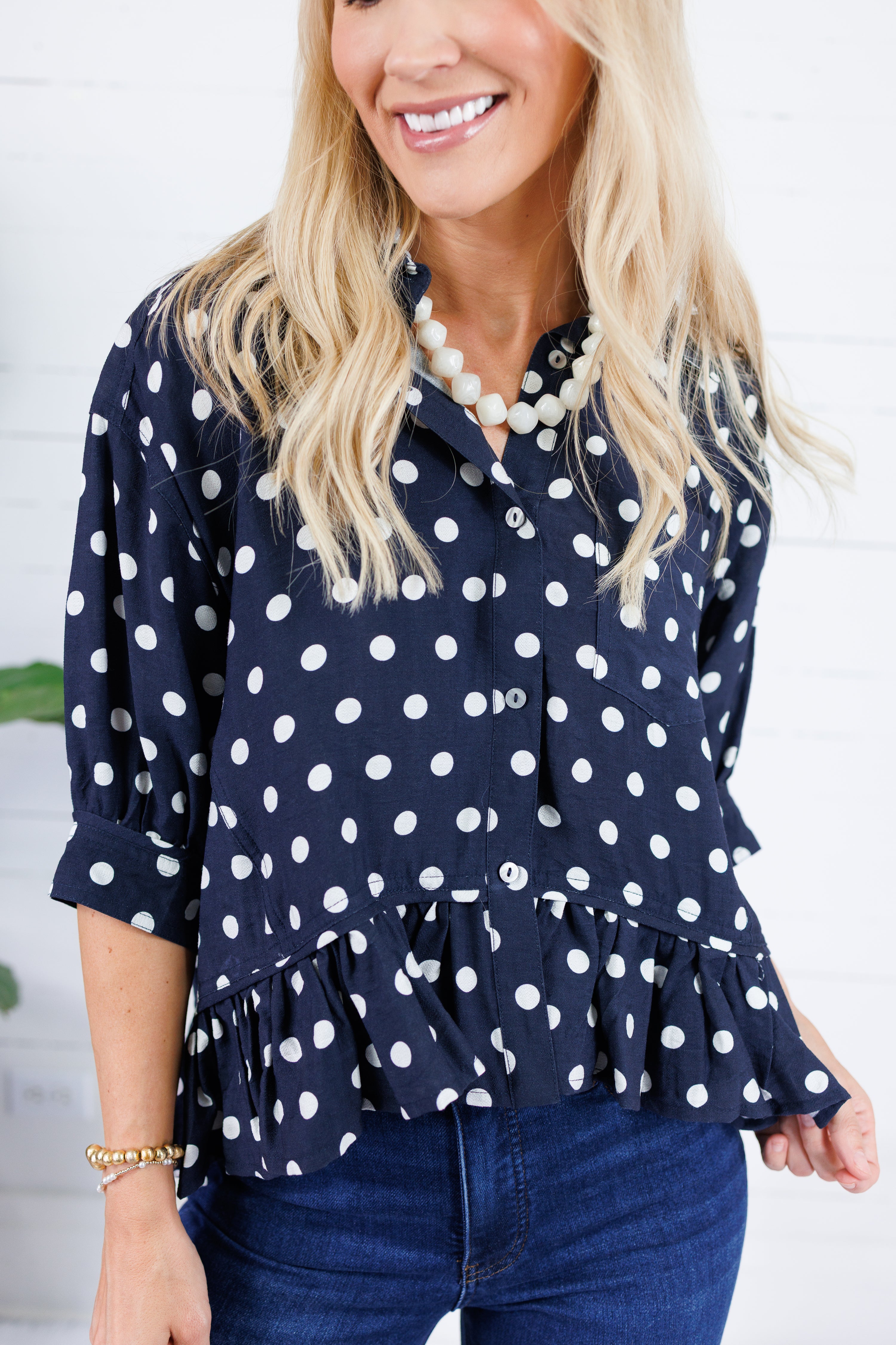 Perkins Navy Polka Dot Flounce Top Entro