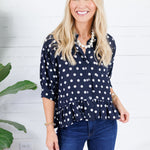 Perkins Navy Polka Dot Flounce Top Entro