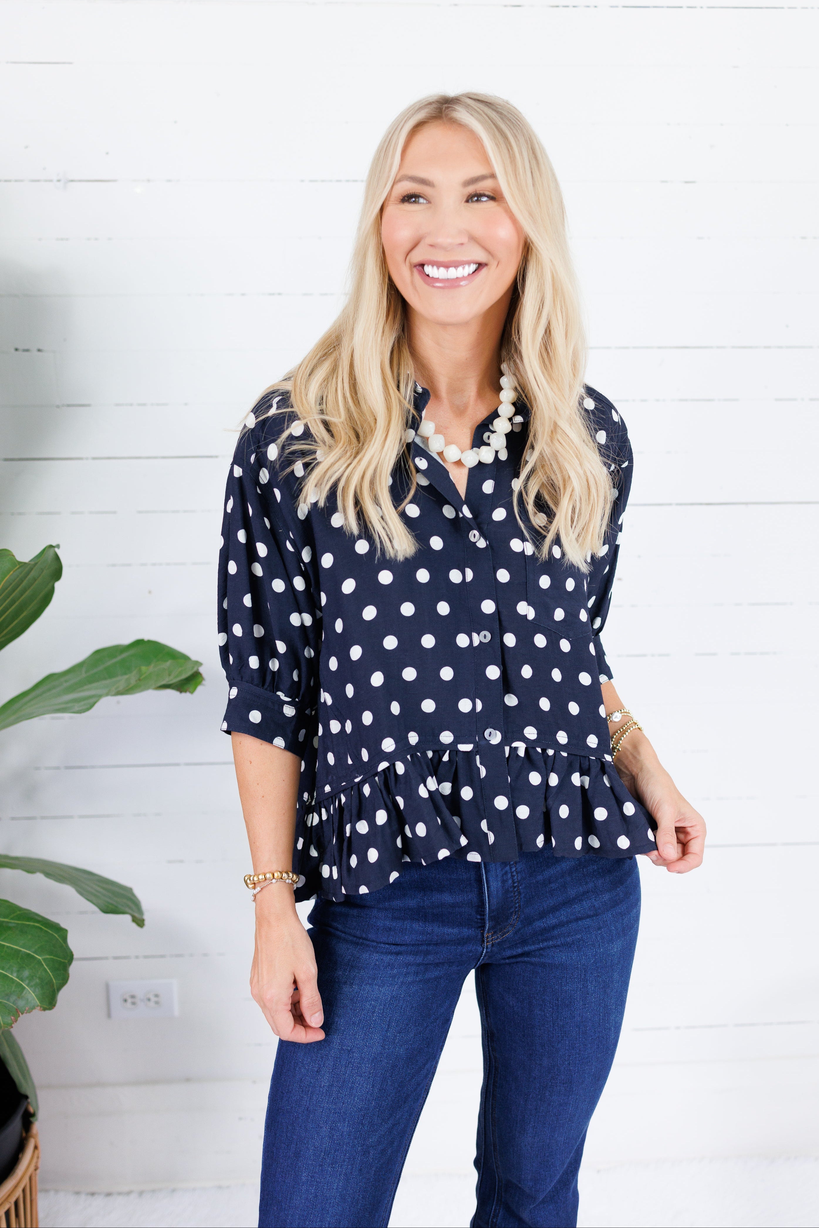 Perkins Navy Polka Dot Flounce Top Entro