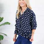 Perkins Navy Polka Dot Flounce Top Entro