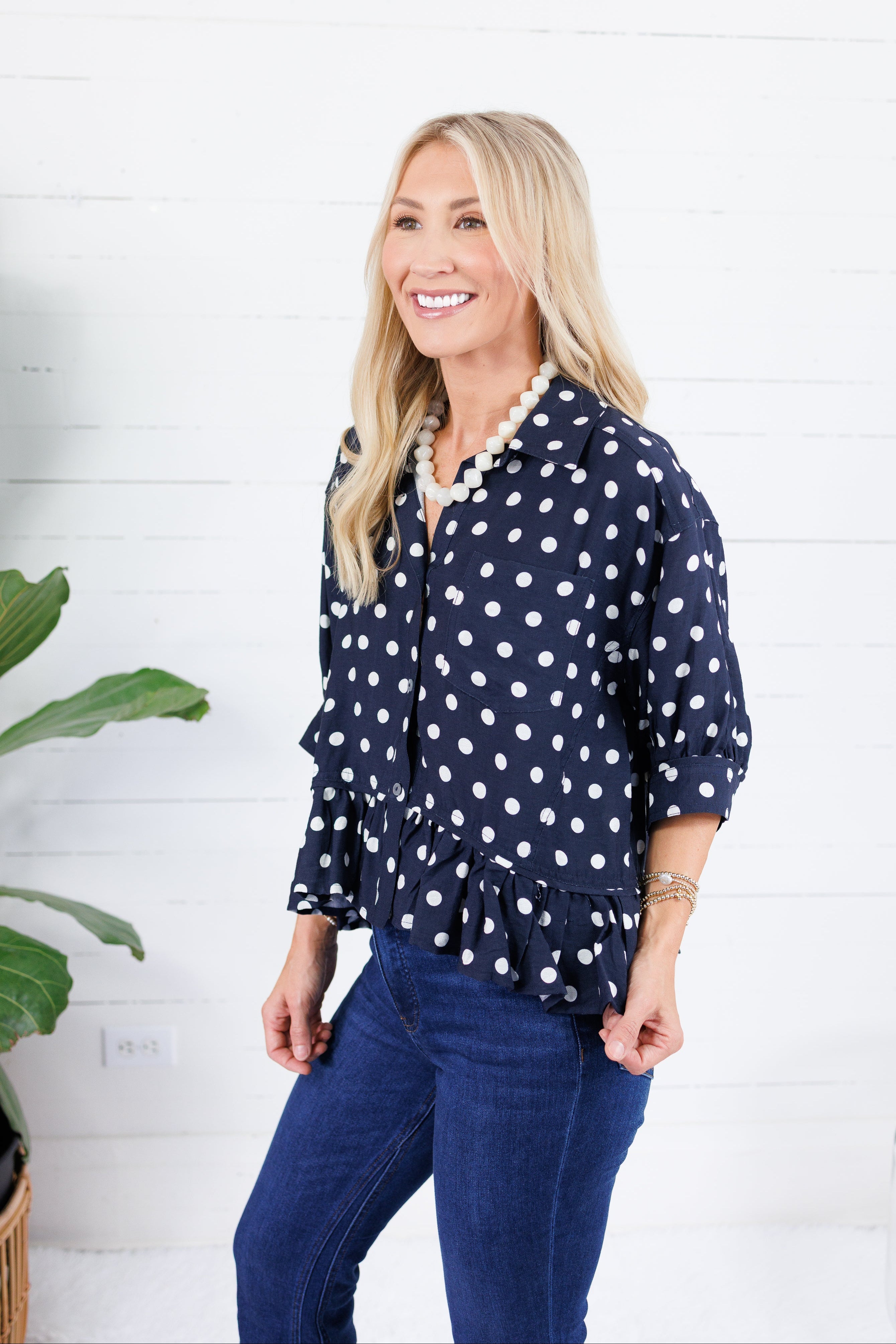 Perkins Navy Polka Dot Flounce Top Entro