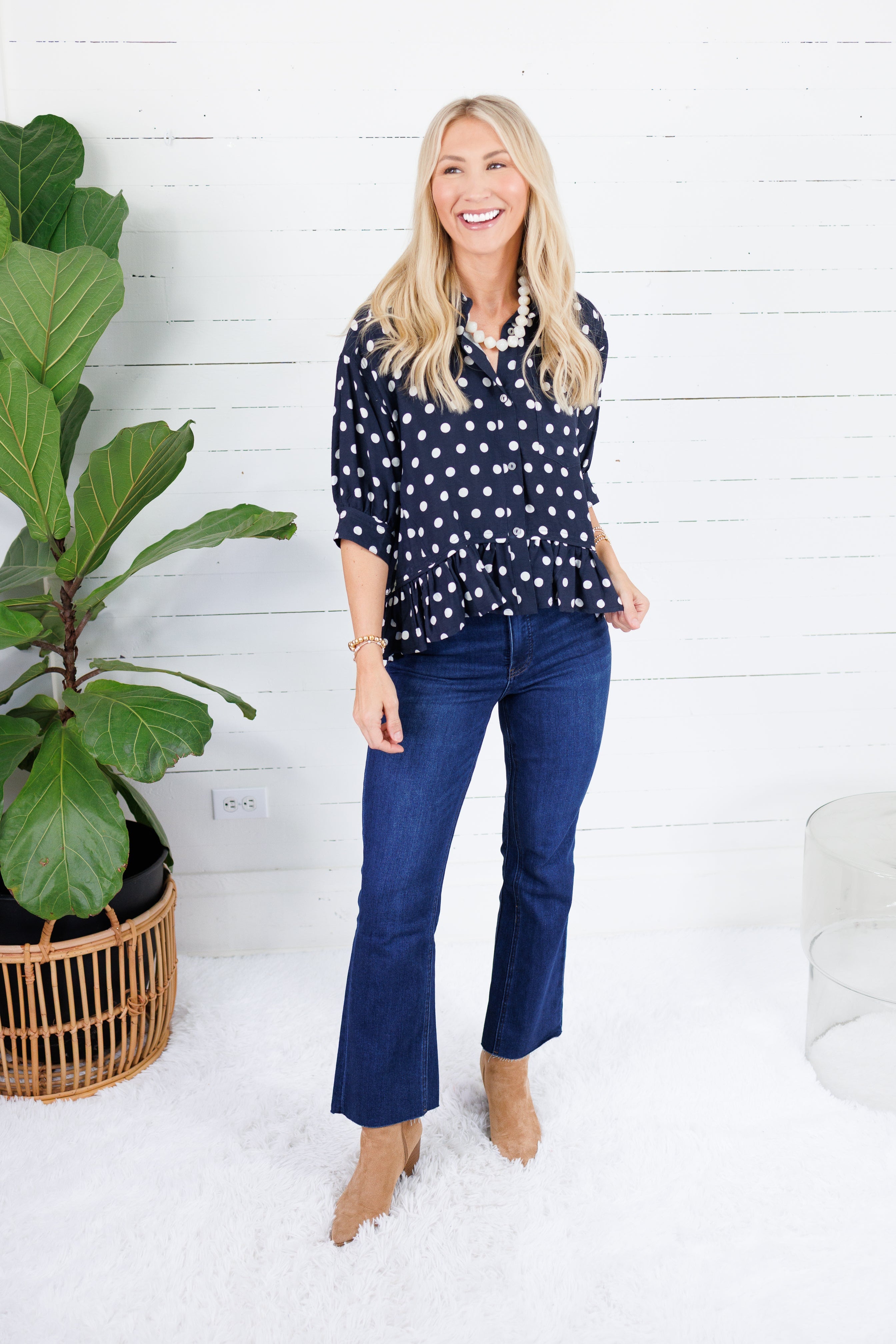 Perkins Navy Polka Dot Flounce Top Entro