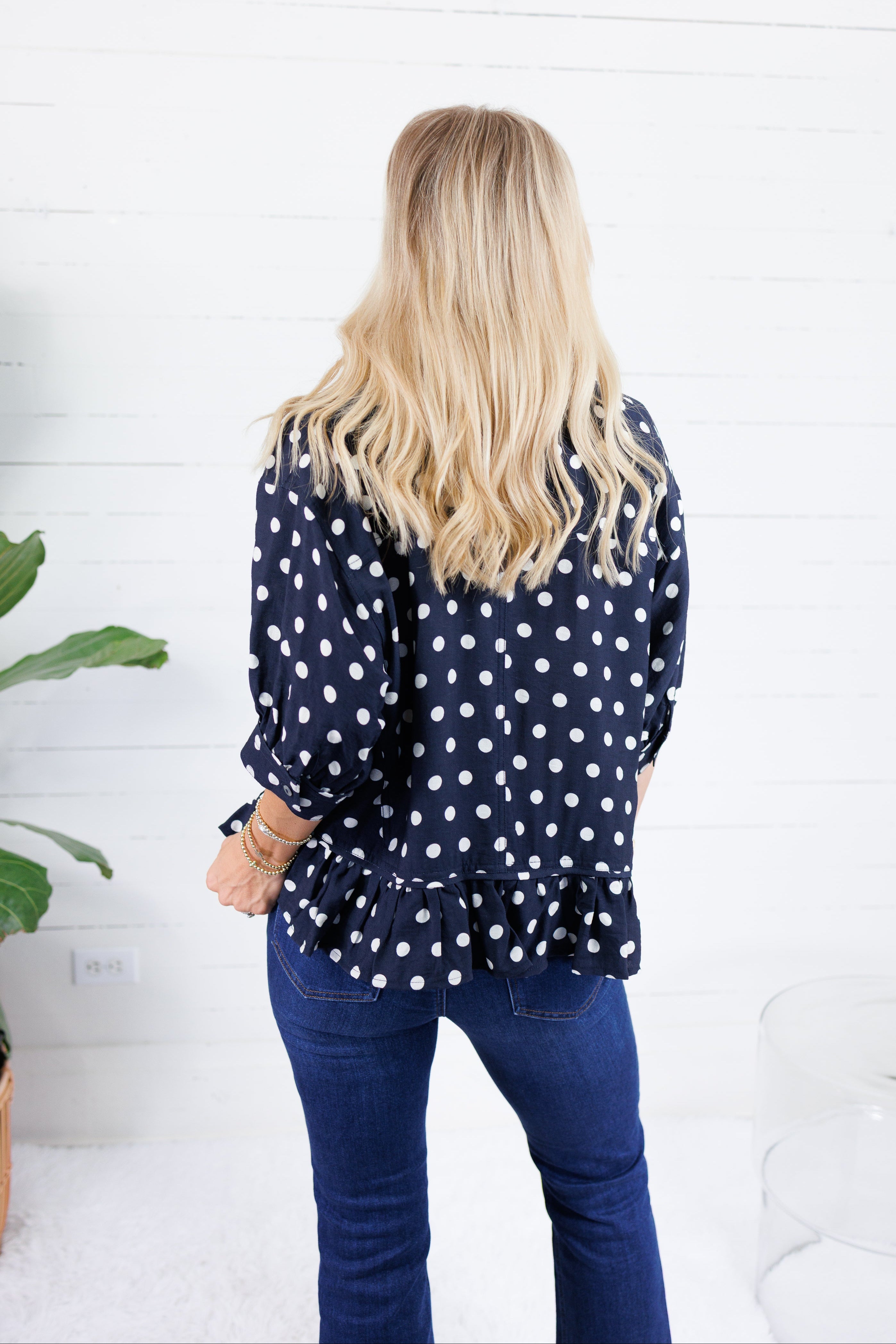 Perkins Navy Polka Dot Flounce Top Entro