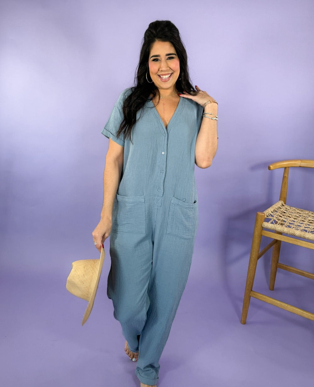 Button Up River Jumpsuit Bobi Clothing | Clover and Bee